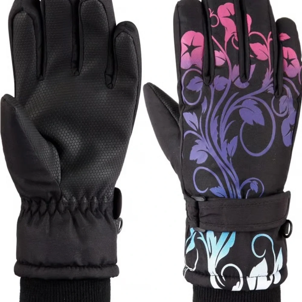 Floral Patterned Kids Mittens - Black and Purple